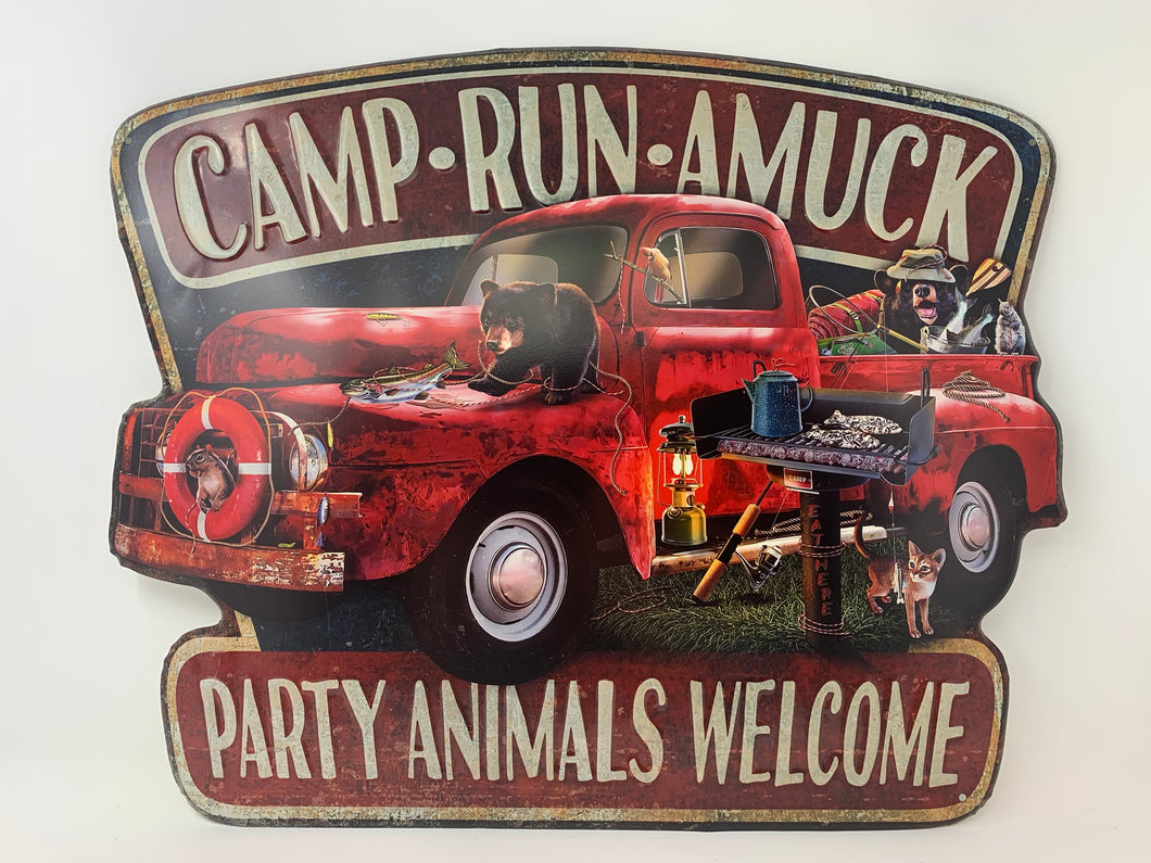 Camp Run Amuck Die Cut Tin Sign